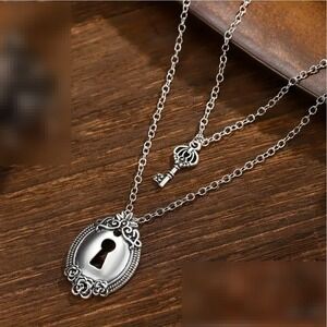 Gothic Lock and Key Necklace‎ Silver Tone Layered Pendant